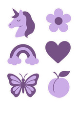 Whimsical unicorn and butterfly icons in purple and pastel tones.