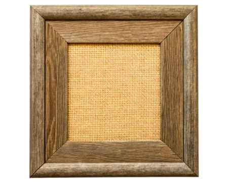 Rustic wooden picture frame with a blank burlap insert on a transparent background