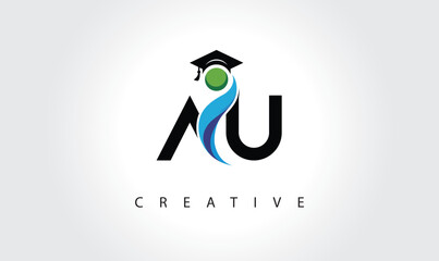 AU Creative Letter Logo with Graduation Cap and Abstract Human – Modern Education and Learning Symbol Design