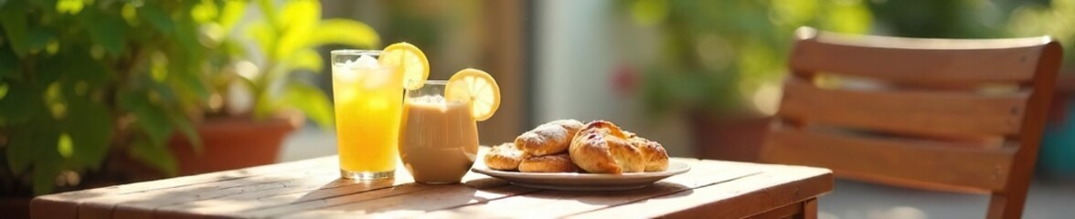 A refreshing summer cafe scene with iced coffee, lemonade, and pastries on a sunny patio table, perfect for a hot day , iced coffee, dessert, summer mood