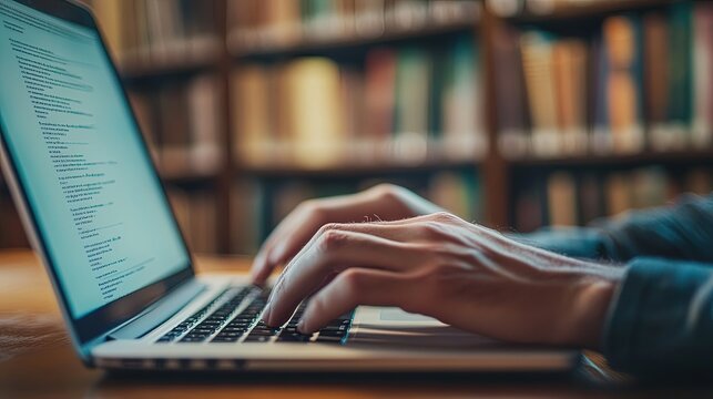 Close-up of hands typing an essay on a laptop in a quiet library setting. 