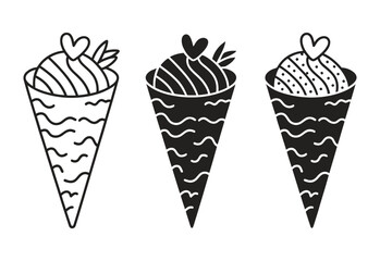 Three stylized ice cream cones with hearts and decorative patterns in black and white