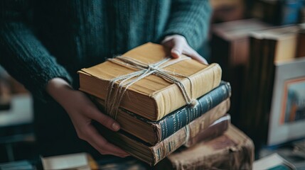 Close-up of hands tying a bundle of books together with twine, preparing them for donation or sale.