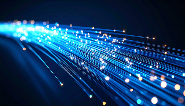 Fiber Optic Data Transmission: A close-up shot showcases a bundle of illuminated fiber optic cables, radiating bright light and symbolizing the modern era of high-speed data transmission.