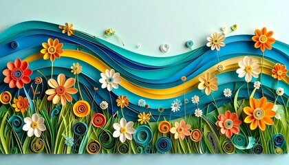 Flower and nature paper quilling concept. Colorful floral wall art featuring waves and swirls.