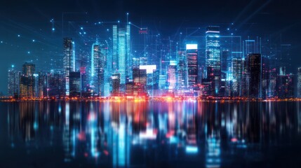 Cityscape night reflection modern technology