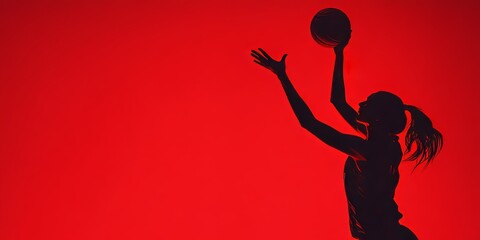 A basketball player silhouetted against a vibrant red background captures an intense moment of action shot in dynamic pose.