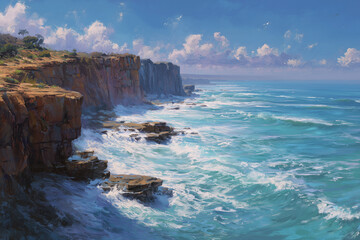 Obraz premium Coastal Cliff Landscape with Crashing Waves and Blue Sky, 