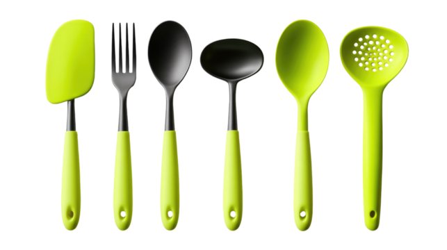 Lime Green Kitchen Utensils Set: A vibrant collection of lime green kitchen utensils, including a spatula, fork, spoon, ladle, serving spoon, and slotted spoon, arranged against a clean backdrop.