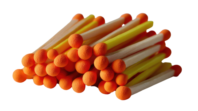 Pile of Matches: A vibrant pile of matches with bright orange tips and yellow sticks, ready for use. Close-up view of a large number of matches.  
