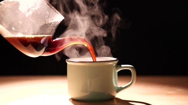 Coffee. Close up pouring black coffee into green ceramic cup, mug with beautiful steam smoke spins, rising from the cup on old wood table, dark or black background. Concept of coffee, tea, food, drink