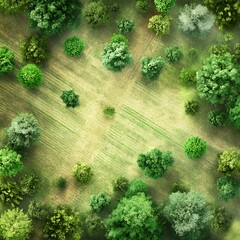 Aerial view of grove and field