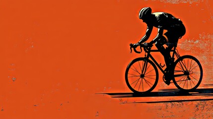 Obraz premium A cyclist's dynamic pose silhouetted against an orange background of a setting sun, symbolizing physical exertion and healthy living through outdoor recreation.