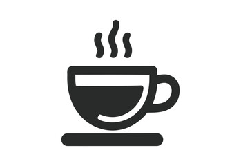 Simple dark gray icon of a steaming coffee cup on a saucer