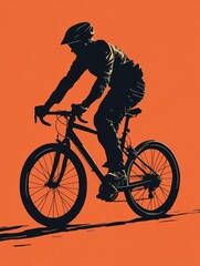 Fototapeta premium Road bike athlete in motion blur, wearing helmet and sportswear, action shot depicting speed and movement, vibrant orange background adding to the dynamic atmosphere of cycling.