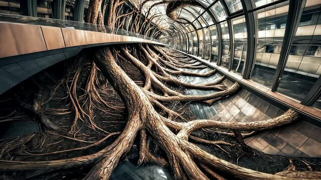 Tunnel of giant tree roots, modern architecture