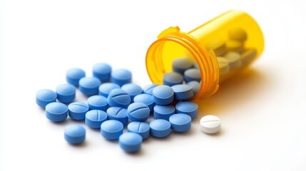Brightly colored blue tablets spill out of a yellow bottle with white caps on a plain background, highlighting their use in treatment and pharmaceutical care.