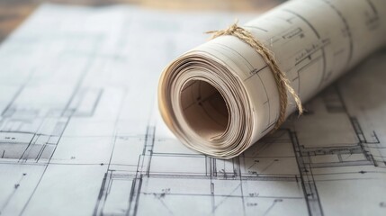 Rolled architectural plans on a wooden surface