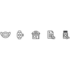 Medical mask smartwatch pharmacy prescription bottle icon set in outline style for healthcare treatment and drug store vector illustration.