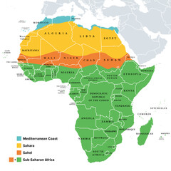 Sahara, Sahel, and Sub-Saharan Africa, colored political map. Sahara, largest hot desert in the world, and most of North Africa. South of it the Sahelian acacia savanna, part of Sub-Saharan Africa.