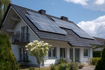 A solar panel sits tiled roof with white trim, catching sunlight from the upper left, while a neighboring gray-roofed house appears in front view.