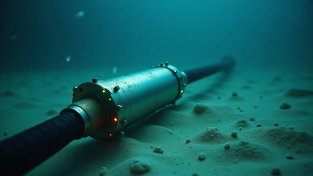 Realistic Underwater Submarine Fiber Optic Cable with Metallic Repeater – Ocean Technology Scene