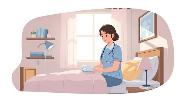 Cartoon Nurse Reading in Bedroom: Relaxing Break in a Cozy Room with Books and Lamp