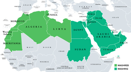 Maghreb and Mashriq, parts of the Arab World, colored political map. Maghreb region, the western part of the Arab World, and opposed the Mashriq region, the eastern part, both located in North Africa. © Peter Hermes Furian