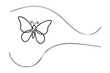 Black line drawing of a butterfly with curved lines on white background