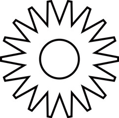 A black and white line art illustration of a stylized sun or gear shape with a circular center and radiating pointed spikes.
