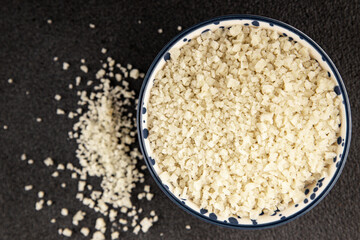 Food salt crystals sea food salt spices food additive gourmet food background on the table rustic top view copy space 