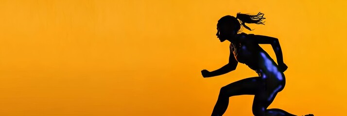 A dynamic pose of a sportswoman in action shot with warm light against the vibrant orange backdrop, emphasizing agility.