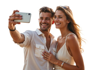 Happy young couple taking a selfie with a smartphone, smiling man and woman on summer vacations isolated on transparent background