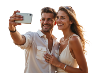Happy young couple taking a selfie with a smartphone, smiling man and woman on summer vacations isolated on transparent background