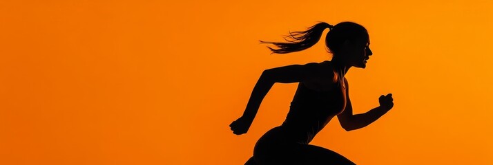 The powerful athlete in a dynamic pose sprints with energy and strength against an intense orange background, highlighting her athletic clothing and high-speed movement.