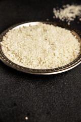 Food salt crystals sea food salt spices food additive gourmet food background on the table rustic top view copy space 