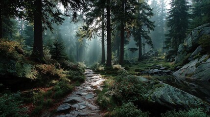 morning light passing through a gap in the trees in the middle of the forest