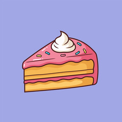 Cartoon Cake Slice with Pink Frosting and Colorful Sprinkles on Lilac Background
