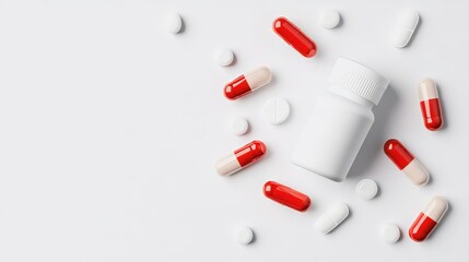 Capsules with red caps spill out of an open white bottle against a spotless white background, illustrating medical aids.