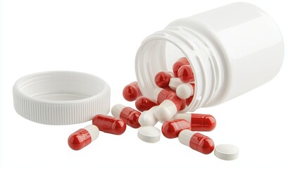 A stark white bottle reveals red and white pills spilling out against a clean backdrop, symbolizing medicine and relief in healthcare.