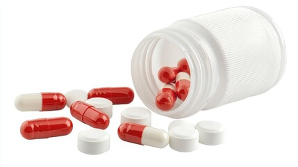 The image displays an open white pill bottle spilling red and white capsules and pills against a stark white background, symbolizing pharmaceuticals and healthcare.