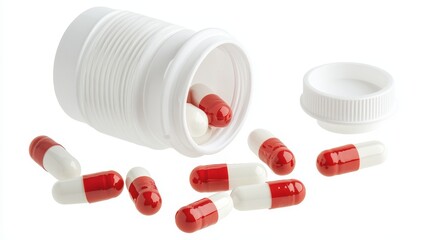 Red-and-white capsules spill from a pill bottle against a stark white background, highlighting the precision of medical treatment.