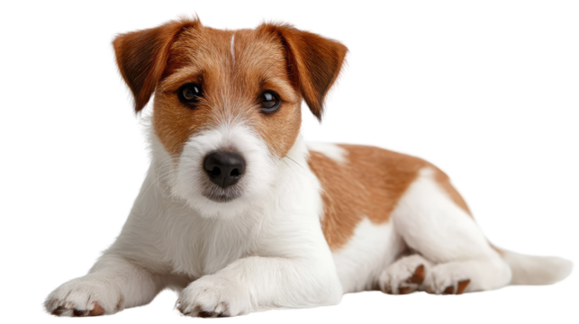 Adorable Jack Russell Puppy: A charming Jack Russell Terrier puppy lies down, gazing attentively at the camera with its endearing brown and white fur.