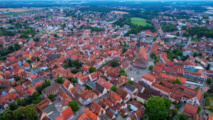 A panorama aerial view around the old town of the city Schwabach in Germany on a sunny spring afternoon