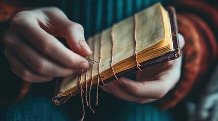 Close-up of hands binding a handmade notebook, stitching the pages together with thread. 