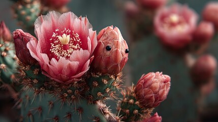 Close-Up of a Bee Pollinating a Blooming Cactus Flower
