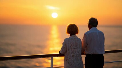 Elderly couple deck enjoying romantic peaceful sunset over ocean, golden light reflection creates serene atmosphere, togetherness and relaxation, senior love, happiness, summer horizon, sea cruise - Powered by Adobe