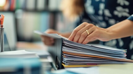 Close-up of female hands organizing paperwork and important documents into labeled folders in an office setting.