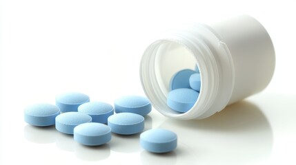 A white pharmaceutical container with blue pills spills out onto a clean surface in bright, clinical lighting, highlighting the precision of healthcare and medication.