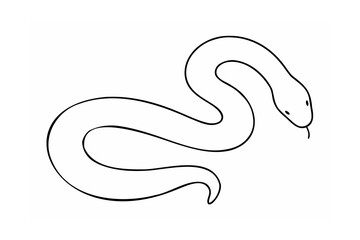 Black and white one line drawing of a snake with tongue on white background